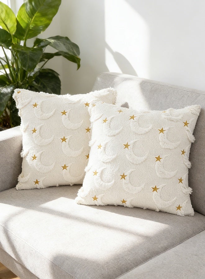 عالية الجودة أغطية وسائد رمضانية منسوجة، مقاس 18×18 بوصة، طقم من قطعتين، بيج اللون، مطرزة، أغطية وسائد رمضانية، أغطية وسائد عيد مبارك، مزينة بزخارف القمر والنجوم، مناسبة للمنزل والأريكة والحديقة - Image 2